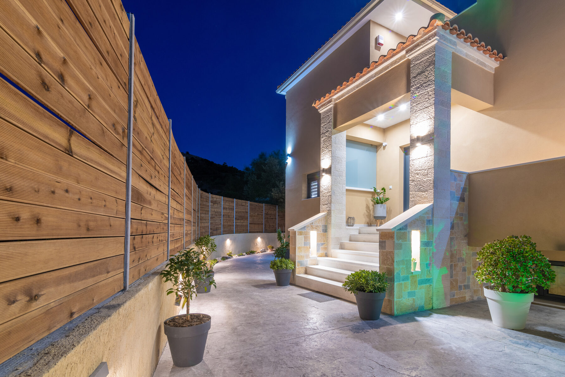 Romanza Villa II facade at night
